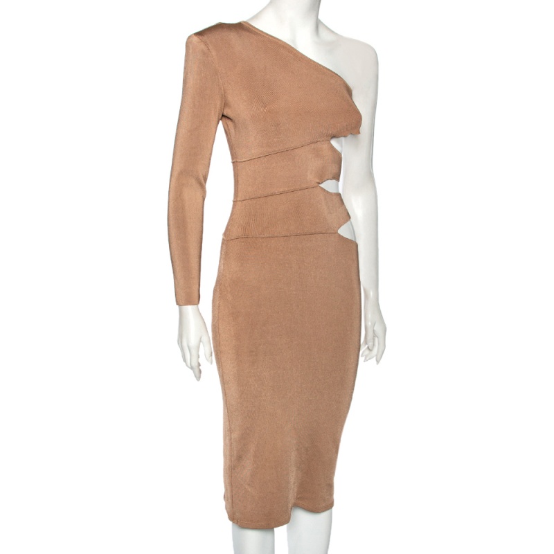 

Balmain Light Beige Knit Cutout One Shoulder Cut-Out Bodycon Dress