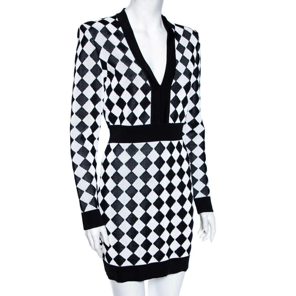 

Balmain Monochrome Geometric Patterned Knit V-Neck Short Dress, Black