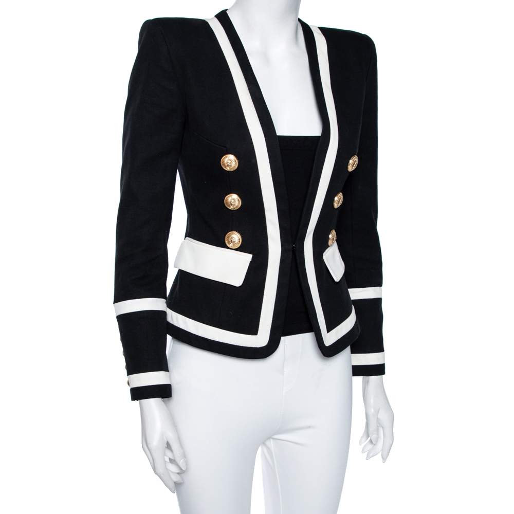 

Balmain Monochrome Textured Cotton Button Detail Tailored Blazer, Black