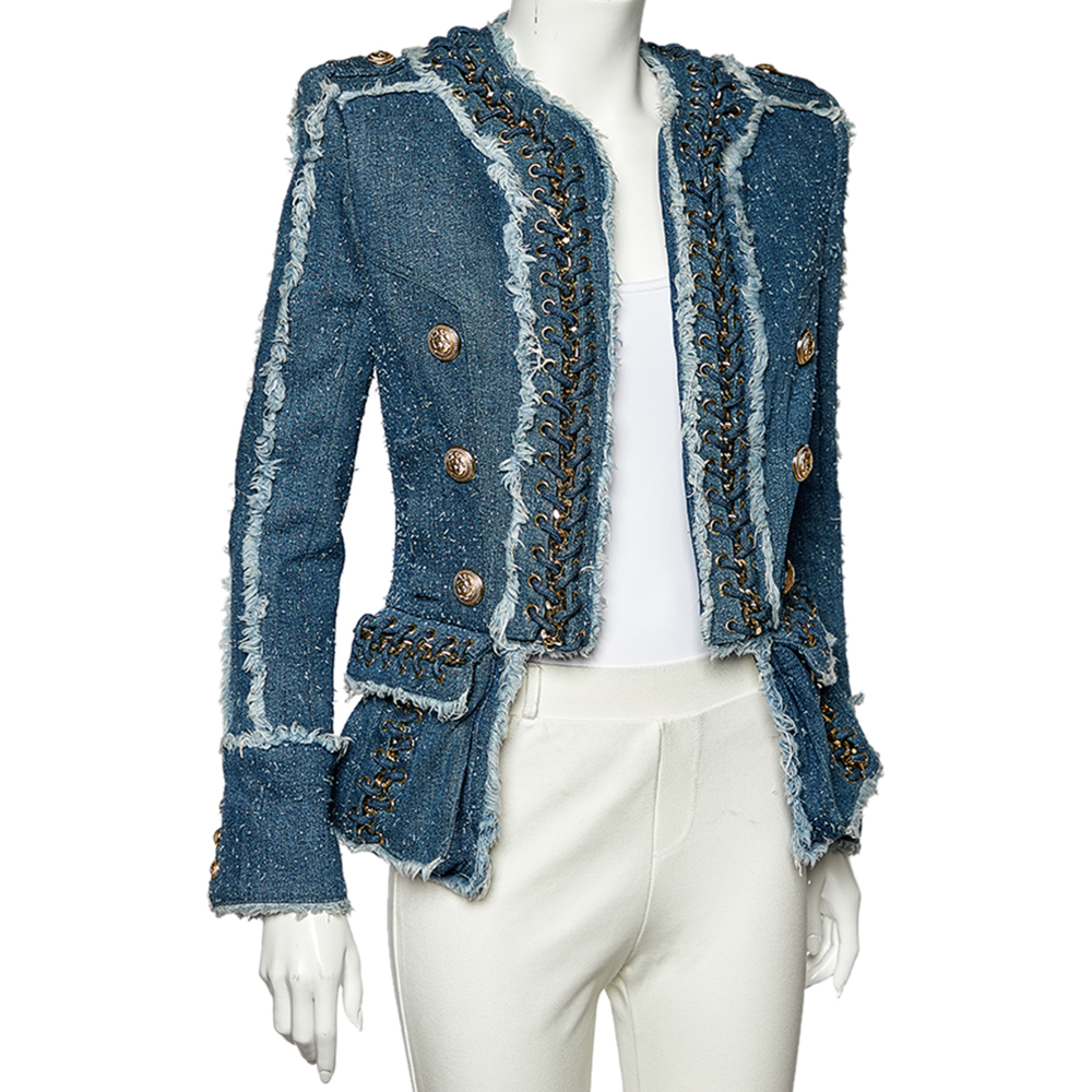 

Balmain Blue Boucle Denim Chain Lace Up Detail Open Front Jacket