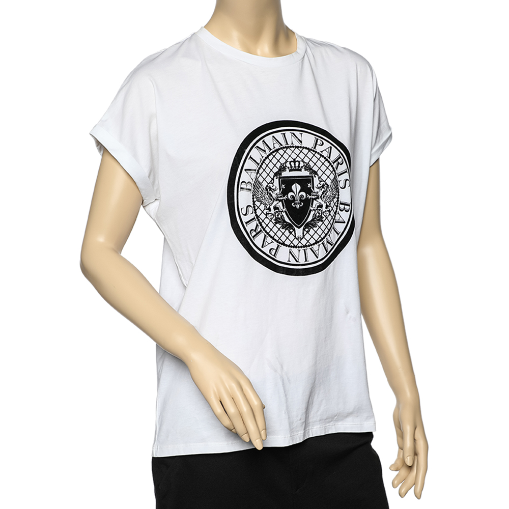 

Balmain White Cotton Flocked Logo Detail T-Shirt