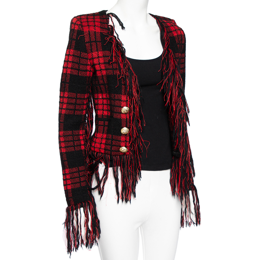 

Balmain Red & Black Checkered Tweed Fringed Open Front Blazer