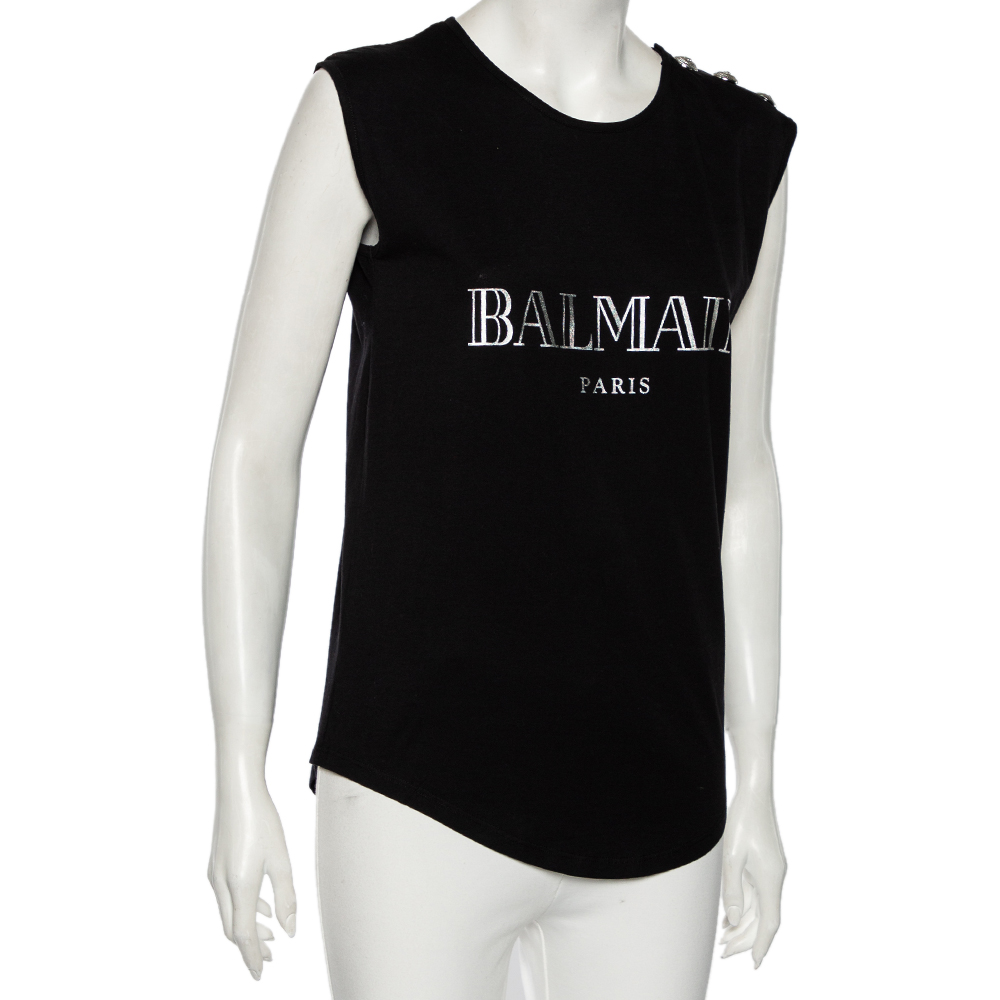 

Balmain Black Cotton Logo Printed Tank Top