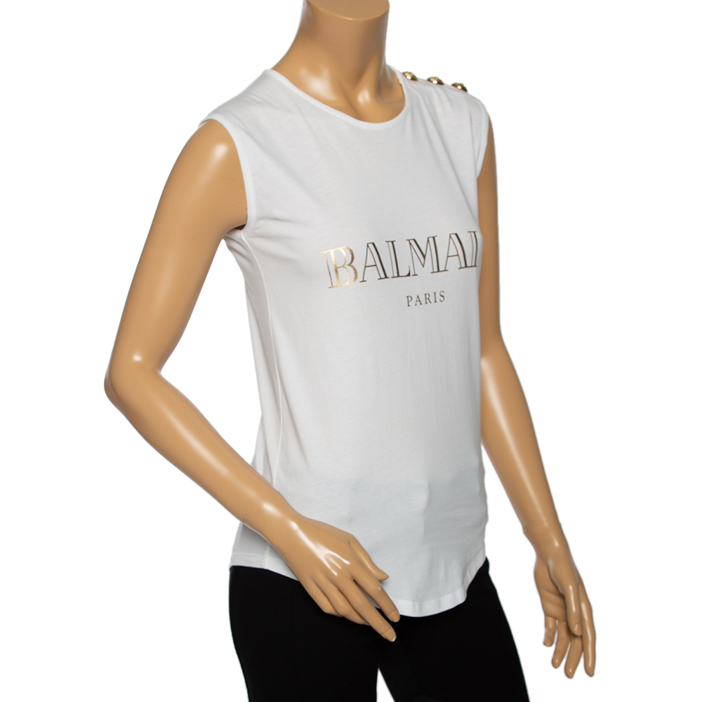 

Balmain White Logo Printed Cotton Sleeveless Top