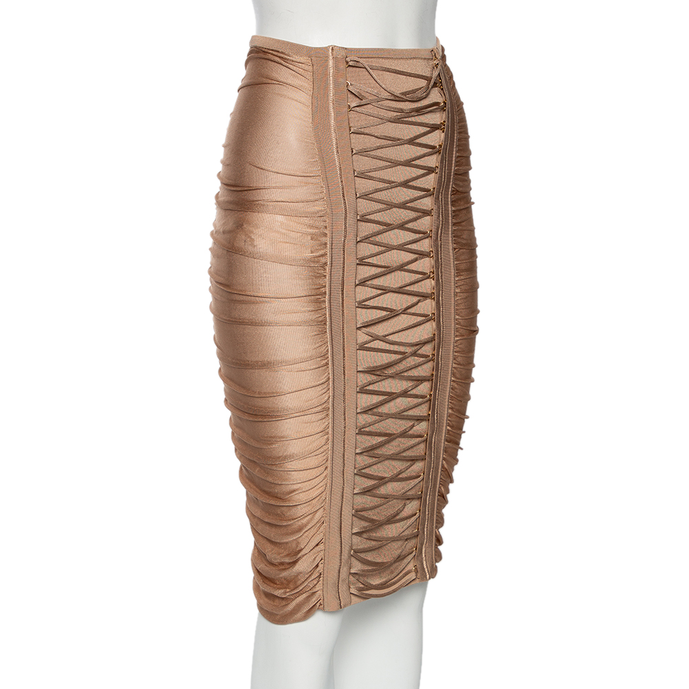 

Balmain Beige Stretch Knit Lace-up Detail Ruched Pencil Skirt