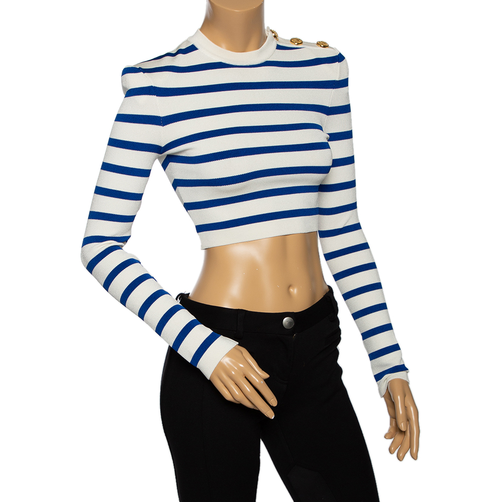 

Balmain White & Blue Striped Knit Button Detail Crop Trop