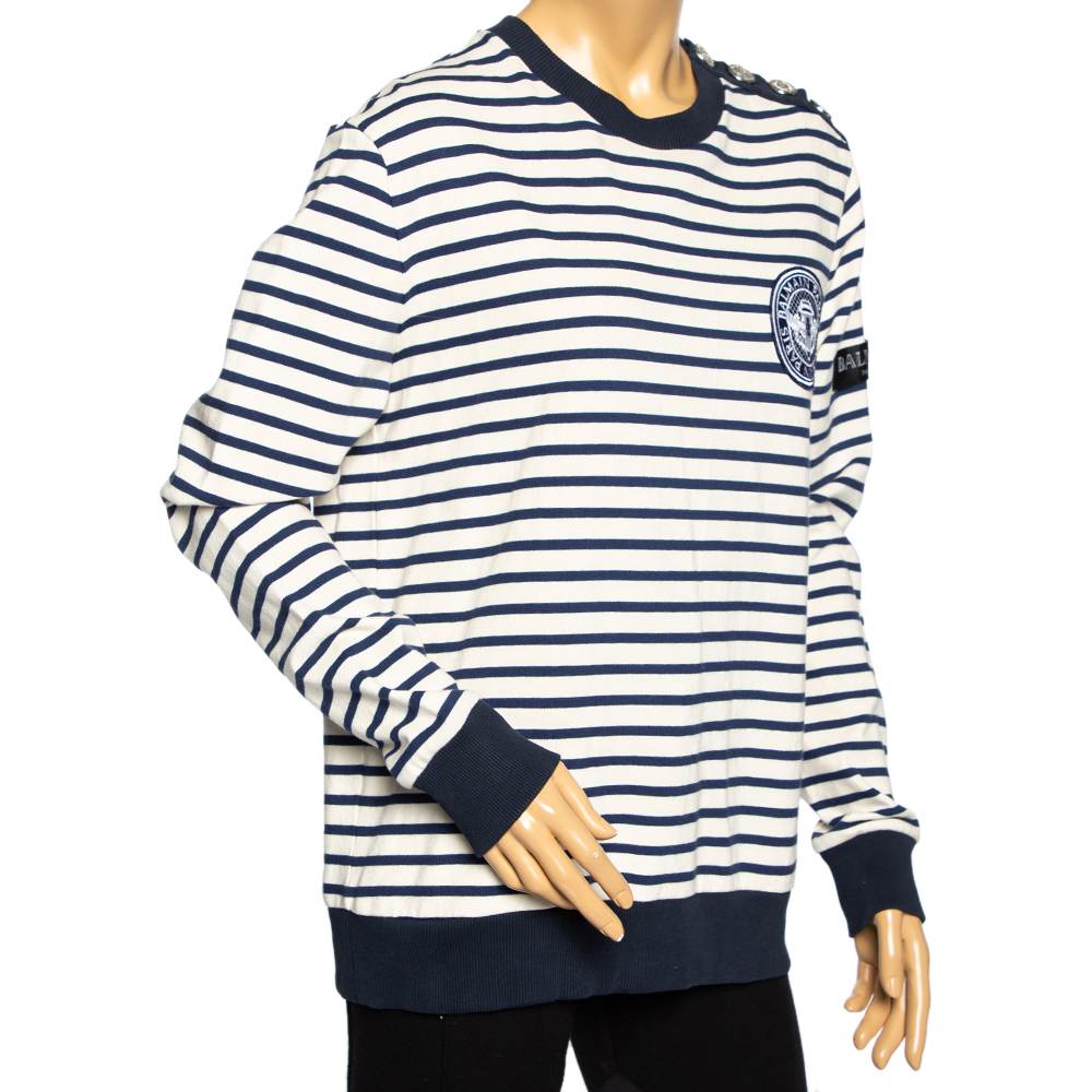 

Balmain White & Blue Striped Logo Patch Detailed Long Sleeve Sweatshirt