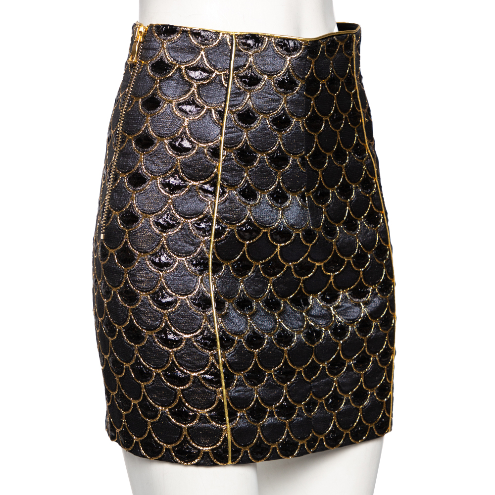 

Balmain Black & Gold Scale Patterned Lurex Silk Mini Skirt