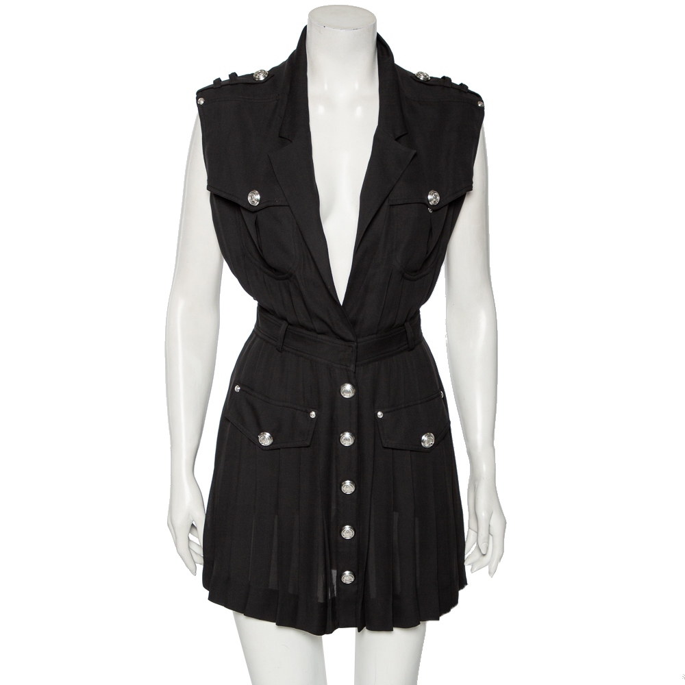 Pre-owned Balmain Black Silk Sleeveless Pleated Mini Dress S