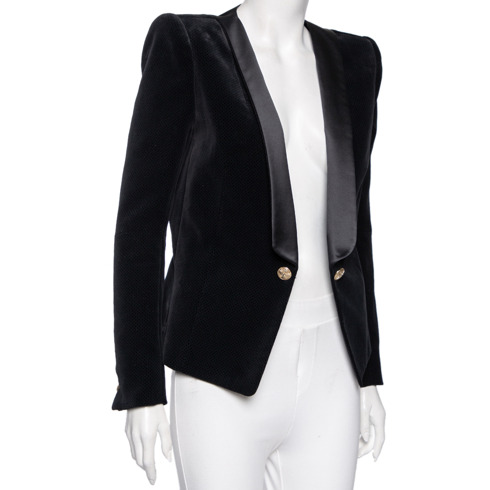 

Balmain Black Jacquard Velvet & Satin Lapel Detail Open Front Blazer