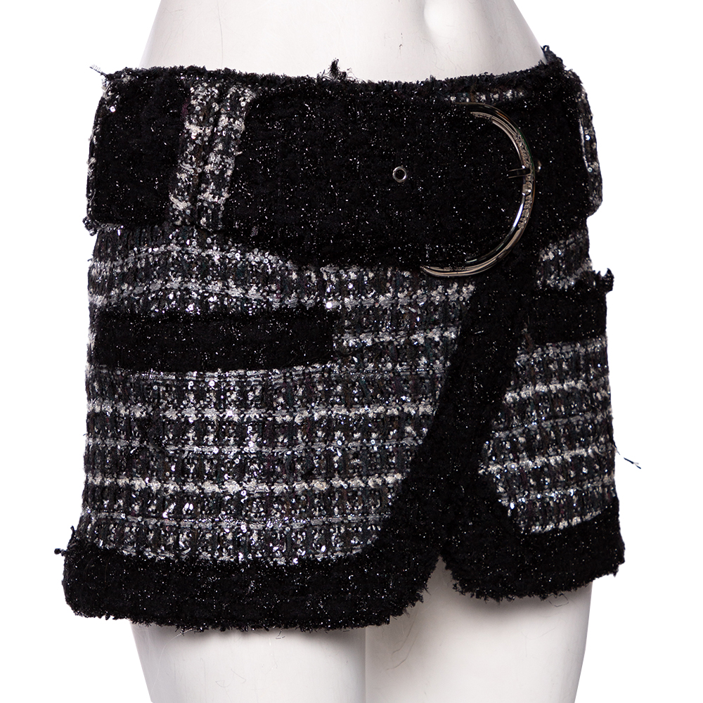 

Balmain Monochrome Lurex Tweed Belted Mini Skirt, Black