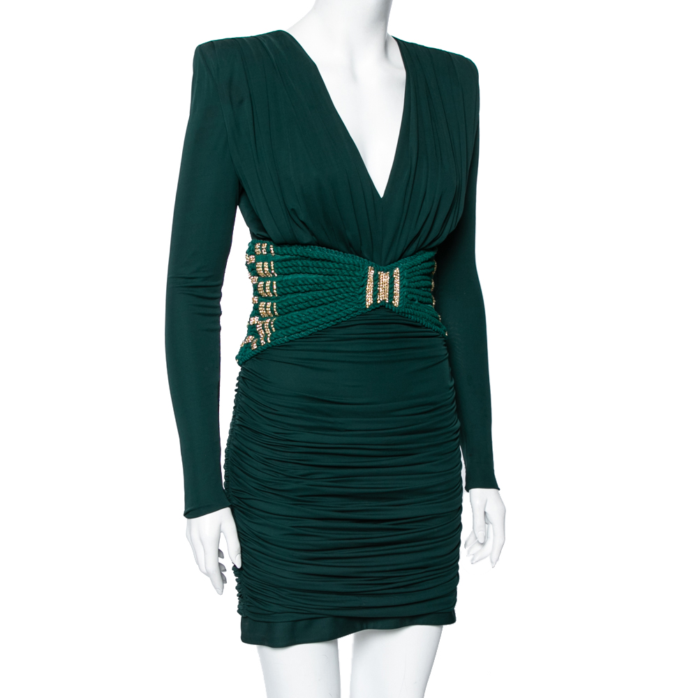 

Balmain Green Jersey Embellished Detailed Ruched Dress