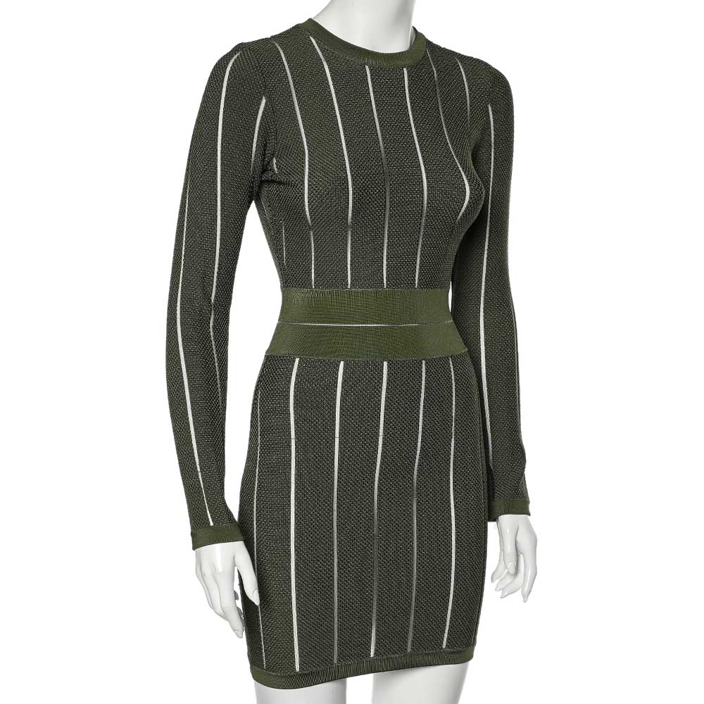 

Balmain Dark Green Sheer Striped Textured Knit Sheath Dress
