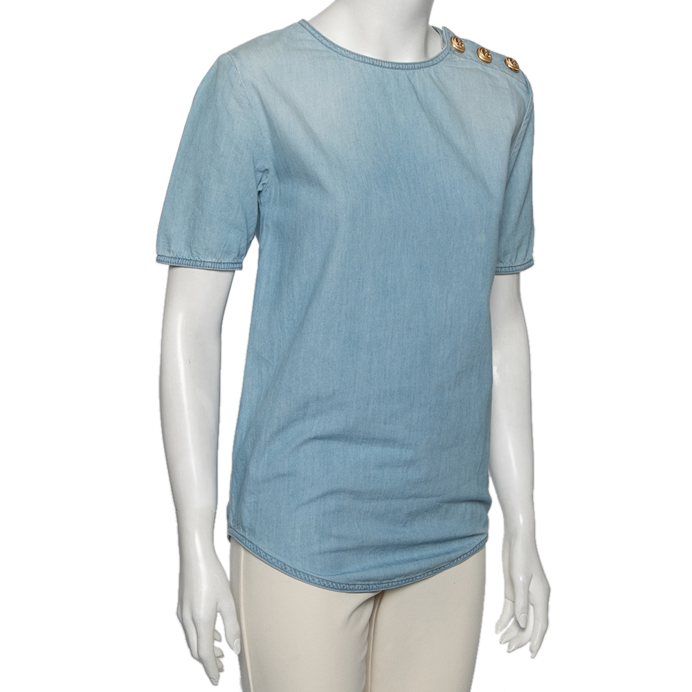

Balmain Blue Chambray Short Sleeve T-Shirt