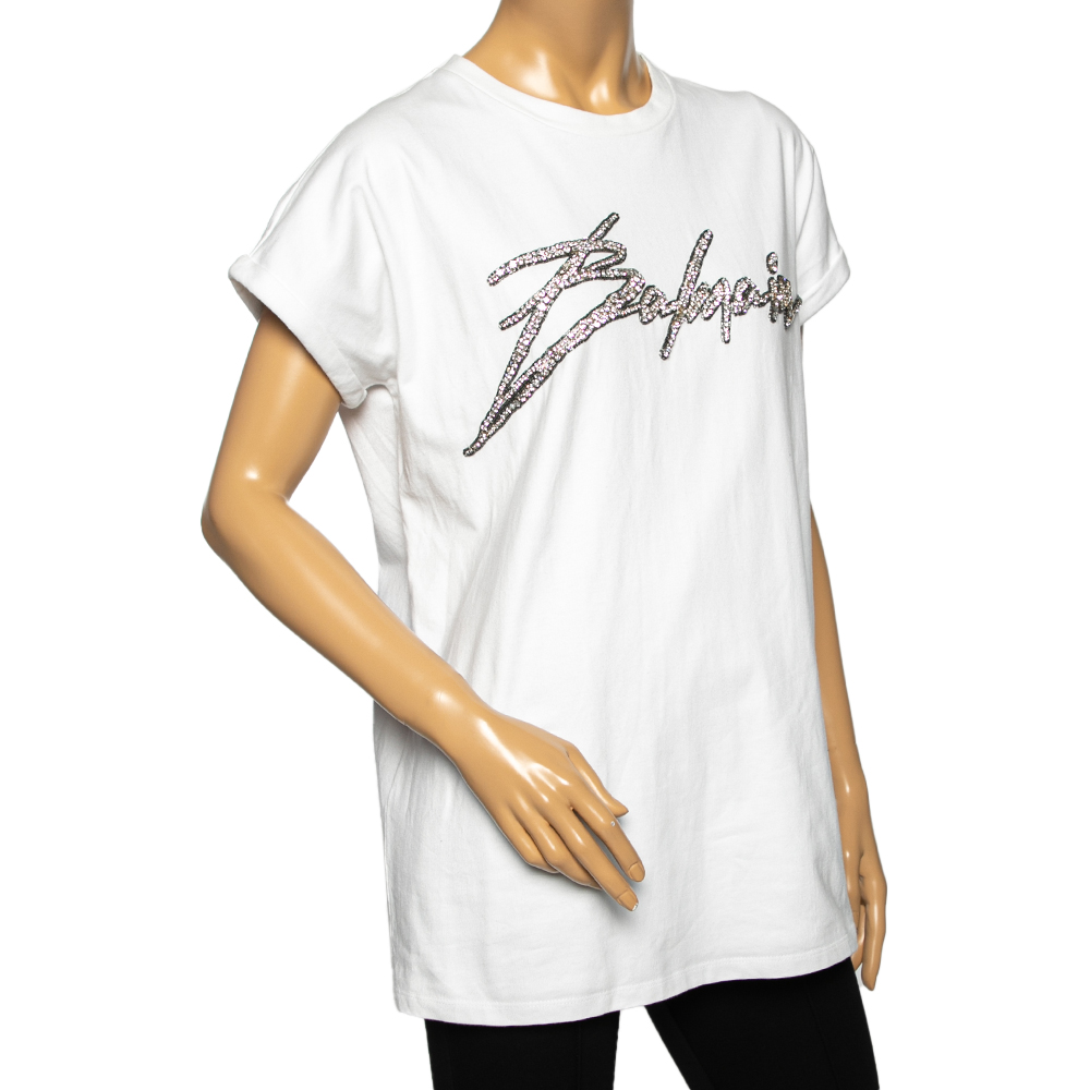 

Balmain White Cotton Crystal Embellished Logo Top