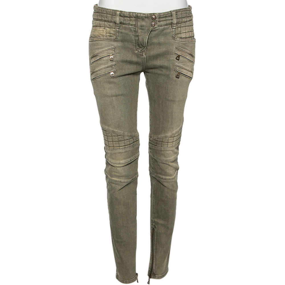 Balmain Olive Green Denim Biker Jeans 