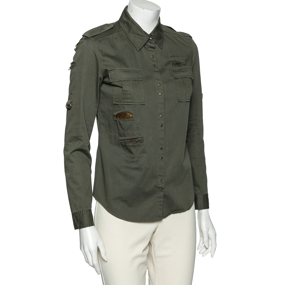 

Balmain Dark Green Cotton Distressed Embellished Button Front Military Shirt