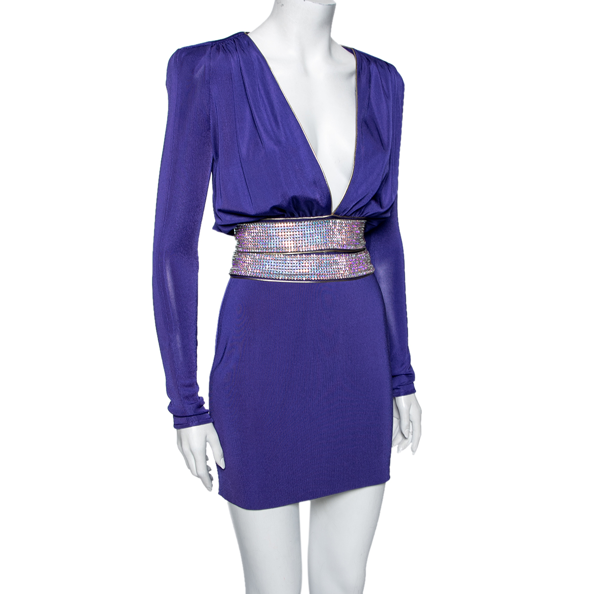 

Balmain Purple Jersey Embellished Waist Short Dress