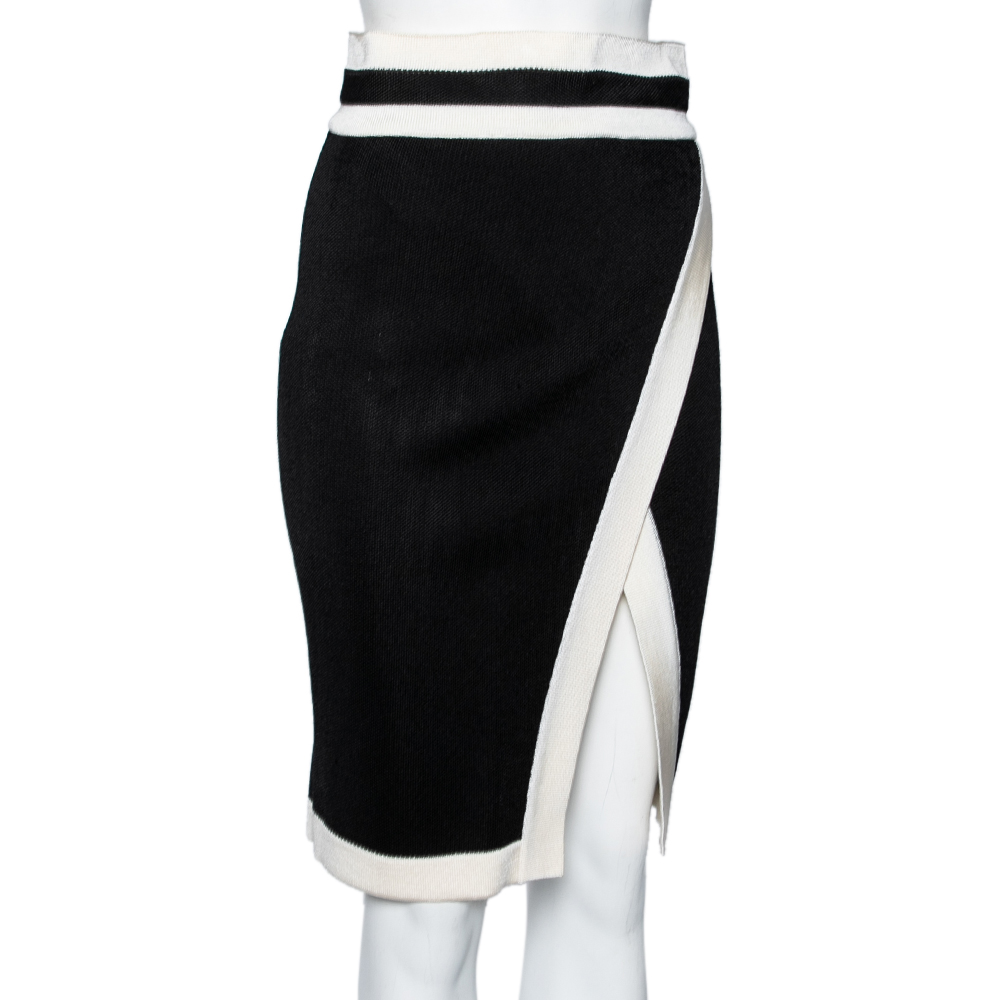 

Balmain Black and White Knit Slit Detailed Pencil Midi Skirt