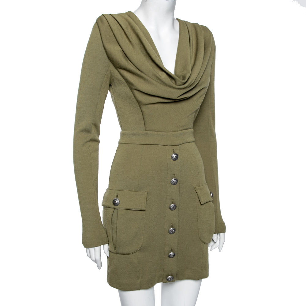 

Balmain Green Wool Drape Button Front Long Sleeve Midi Dress