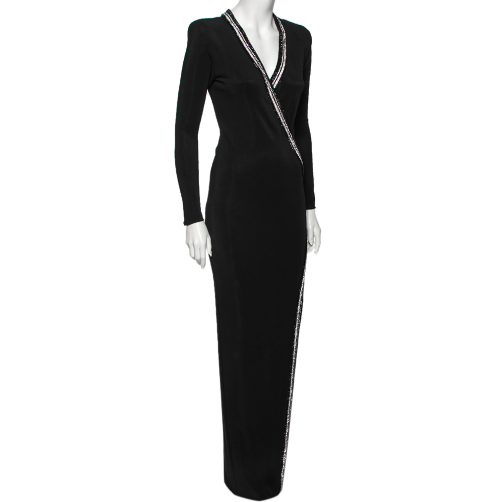 

Balmain Black Jersey Crystal Embellished Slit Detailed Maxi Dress