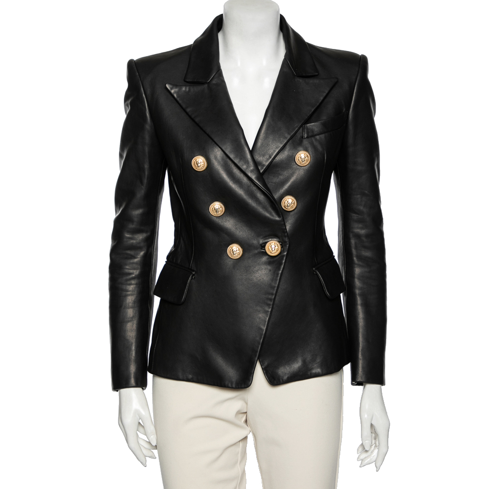 Pre Owned Balmain Black Leather Double Breasted Blazer M