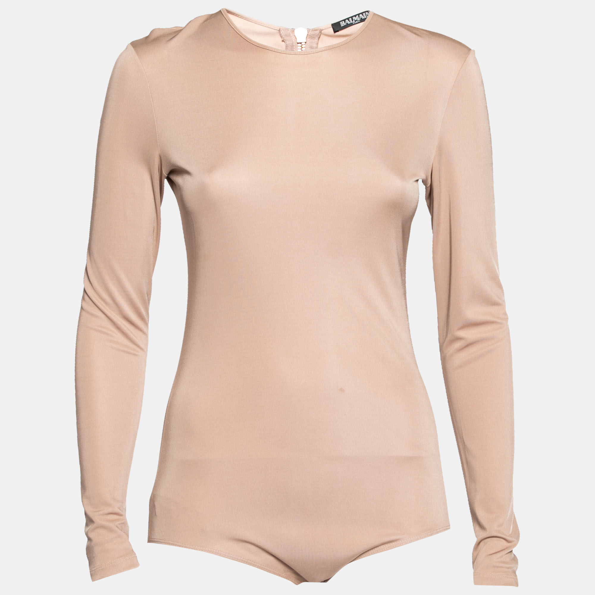 

Balmain Nude Stretch Knit Long Sleeve Bodysuit M, Beige