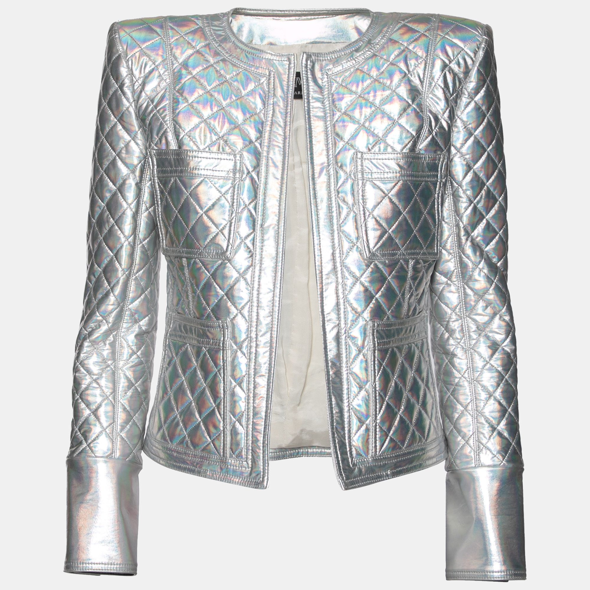 

Balmain Silver Holographic Quilted Open Front Jacket M