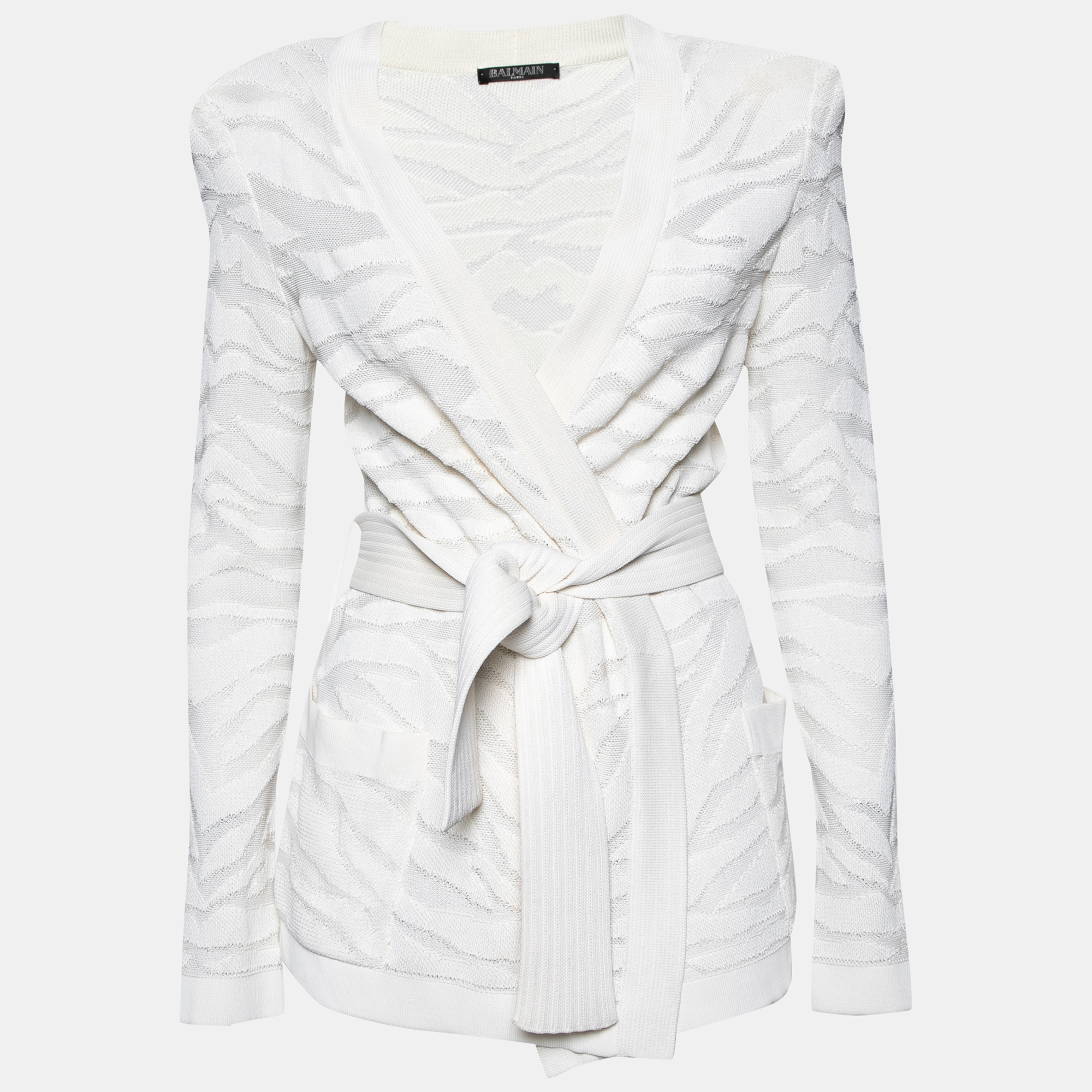 

Balmain White Zebra Textured Knit Belted Wrap Cardigan M