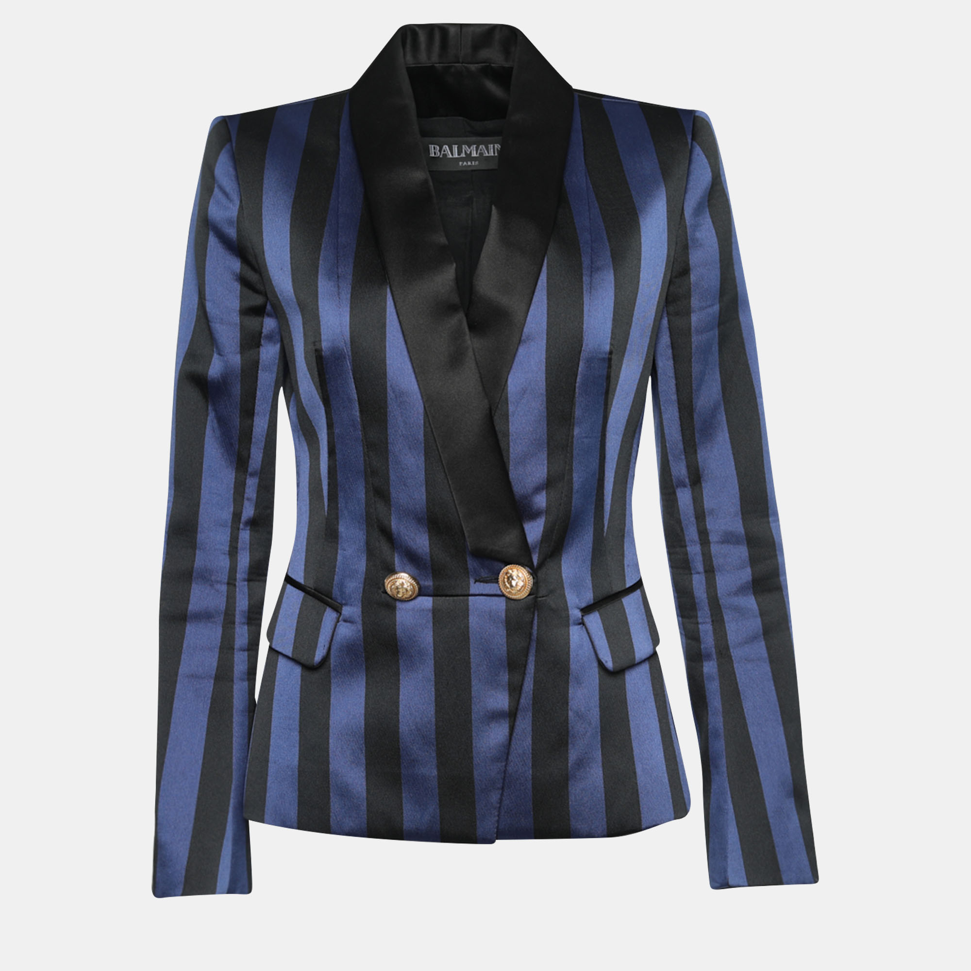 Pre-owned Balmain Blue & Black Striped Satin Blazer M | ModeSens