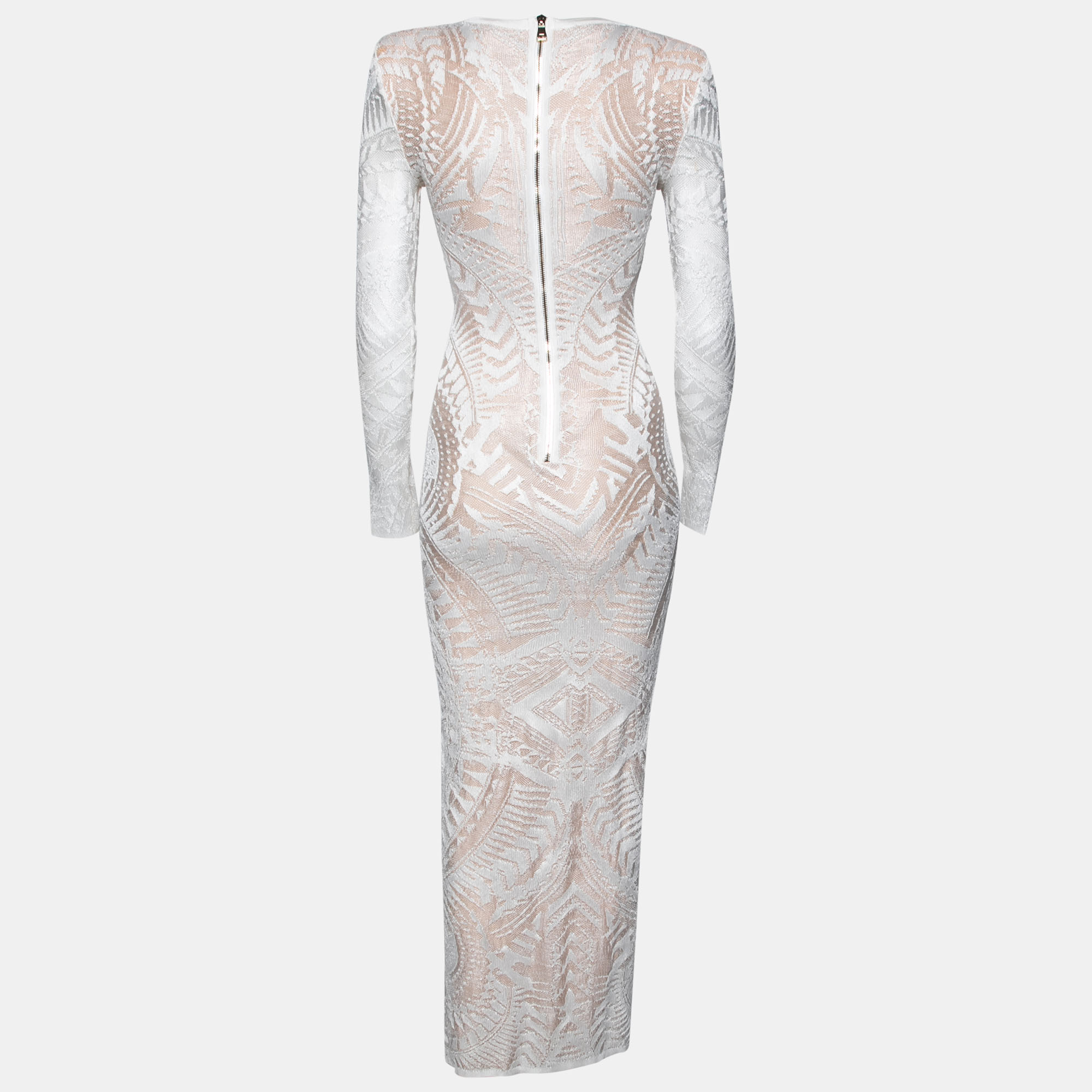 

Balmain White Geometric Open Knit Long Sleeve Fitted Dress