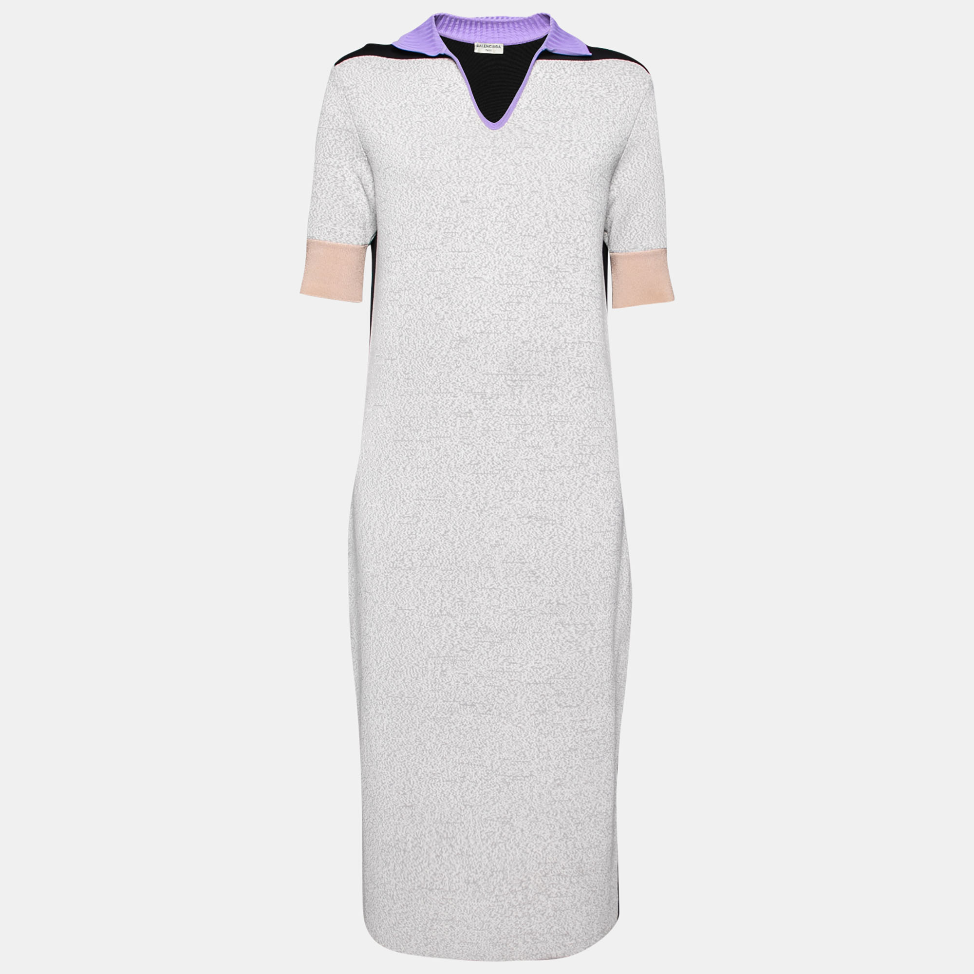 Pre-owned Balenciaga Colourblock Pattern Knit Shift Midi Dress M In Grey