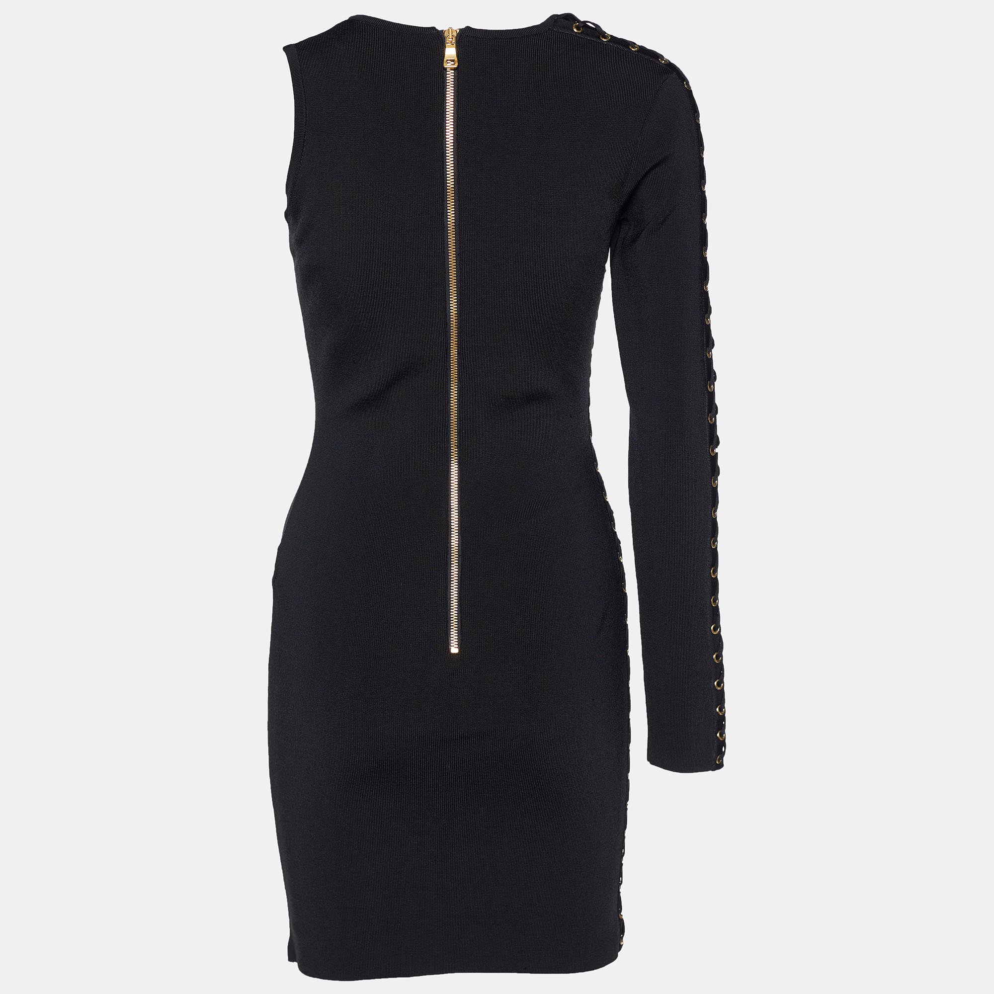 

Balmain Black Knit Lace-Up Detail One Shoulder Bodycon Dress