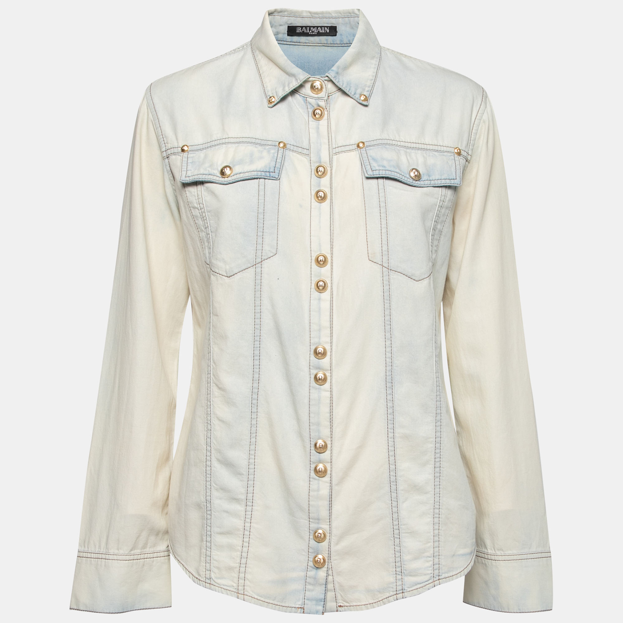 Pre-owned Balmain Bleached Blue Denim Long Sleeve Button Front Shirt M
