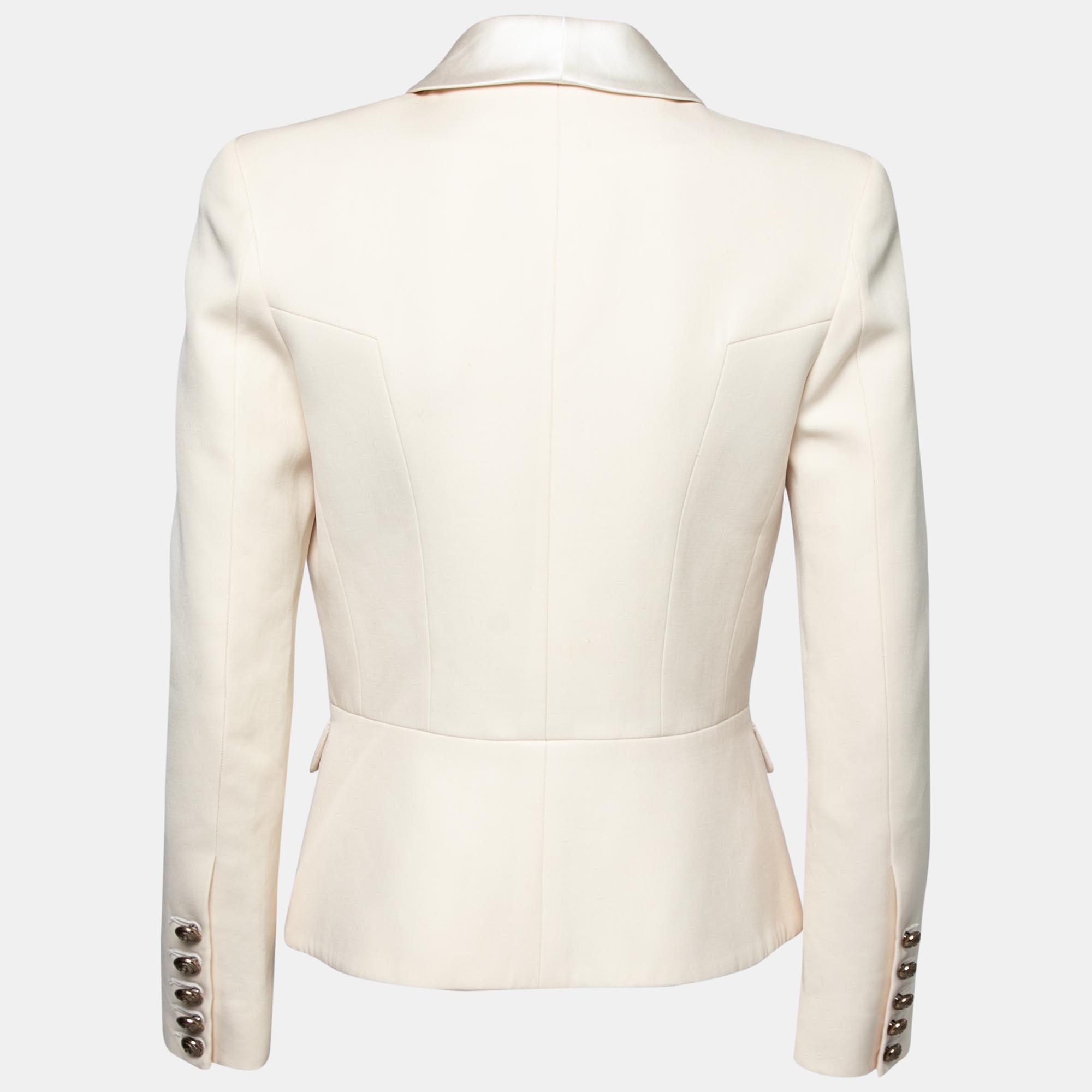 

Balmain Cream Wool & Satin Trimmed Double Breasted Tuxedo Jacket