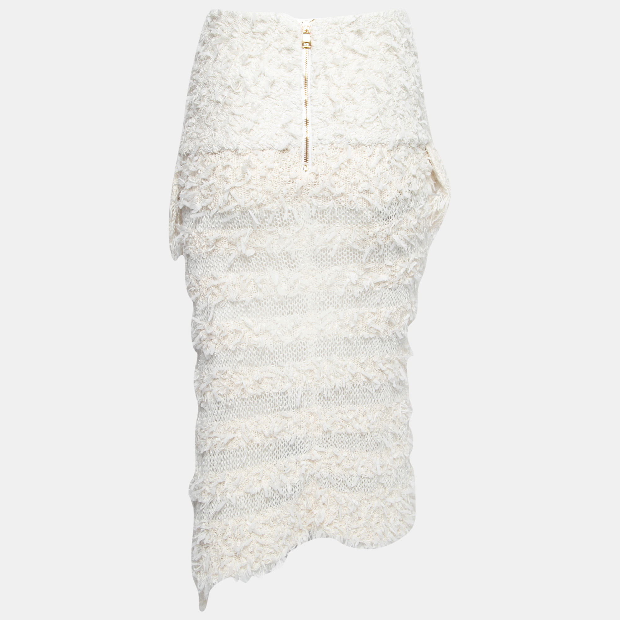 

Balmain Ivory Fringed Lurex Knit Cotton Slit Detail Skirt, White