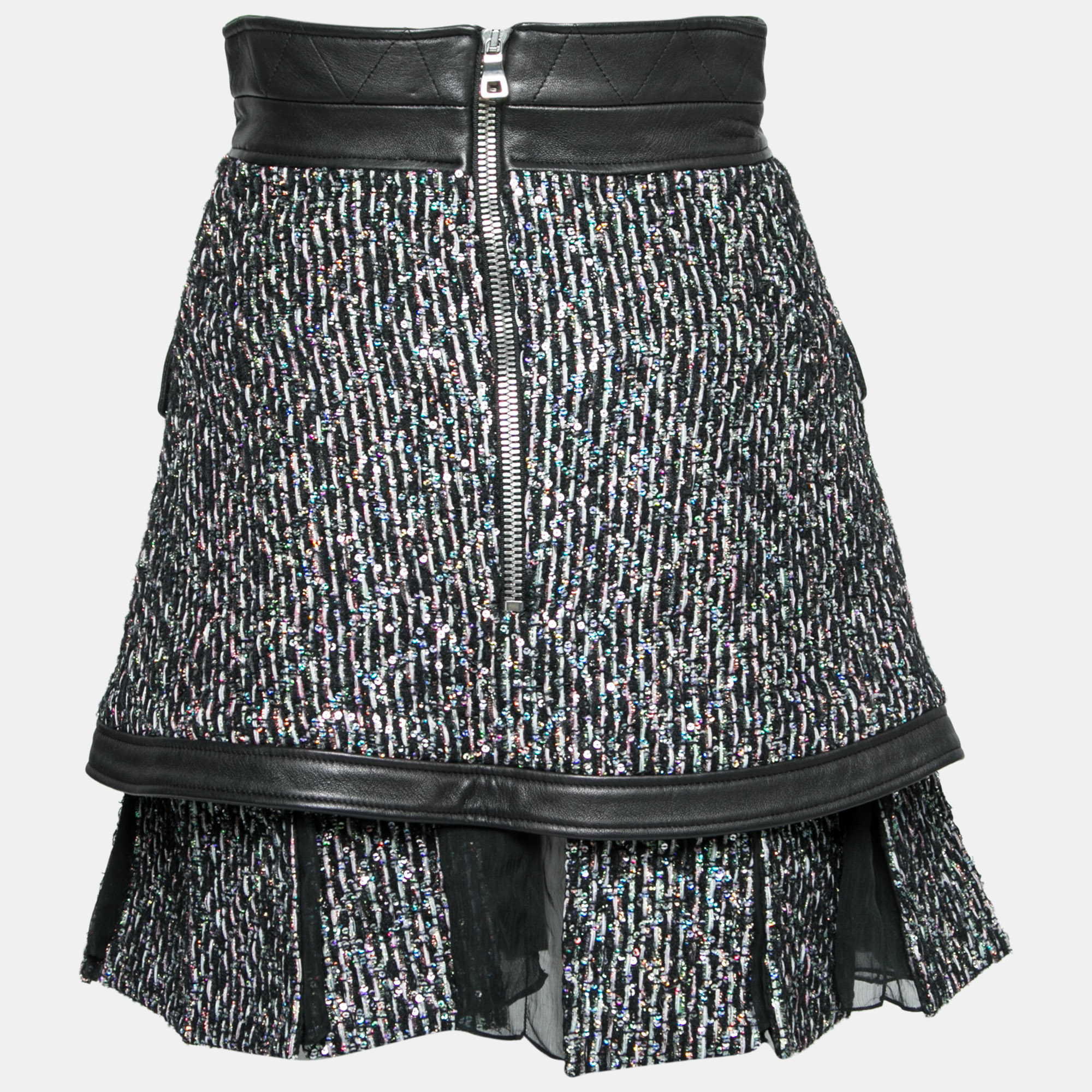 

Balmain Black Mesh and Leather Sequin Embellished Asymmetric Skirt