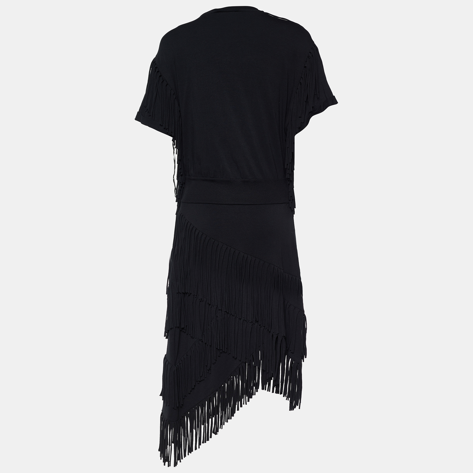 

Balmain Black Jersey Fringe Tassel Asymmetrical Hem Dress