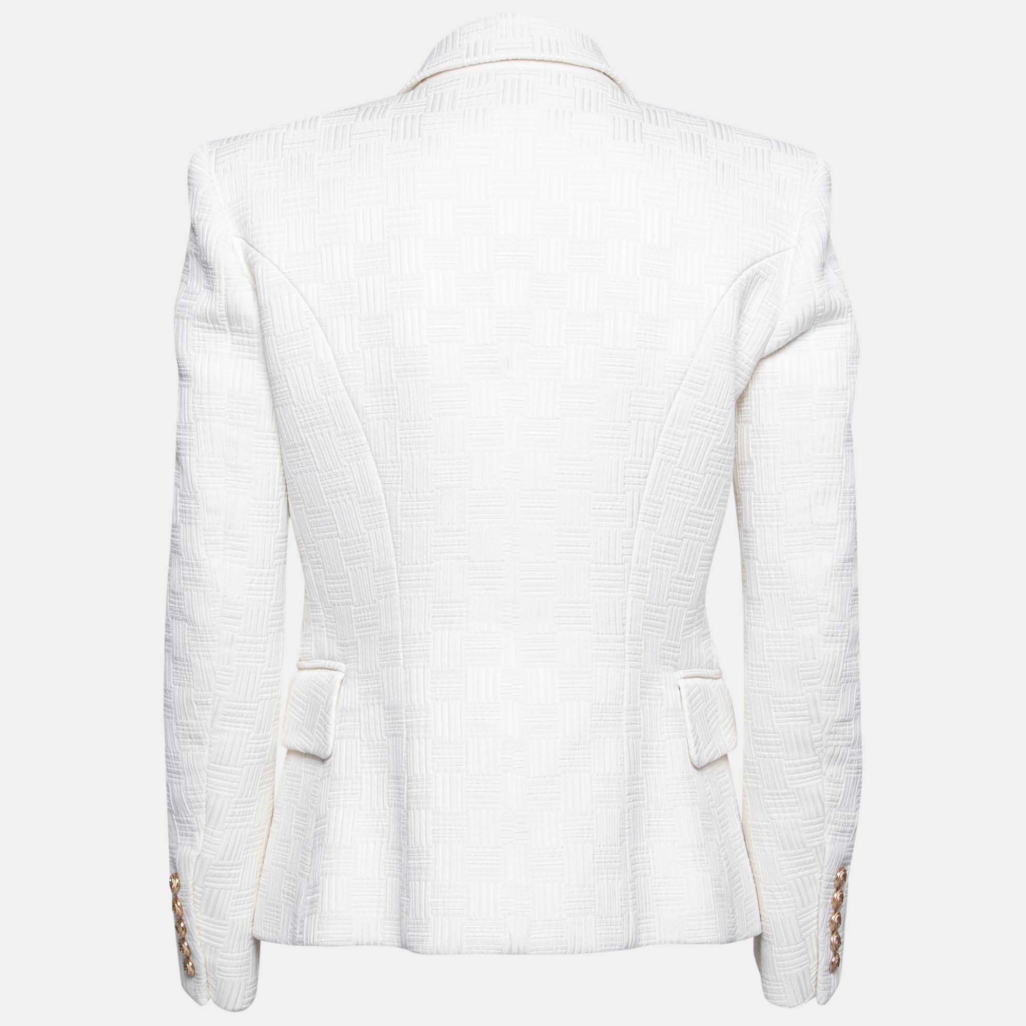 

Balmain White Textured Knit Double Breasted Blazer