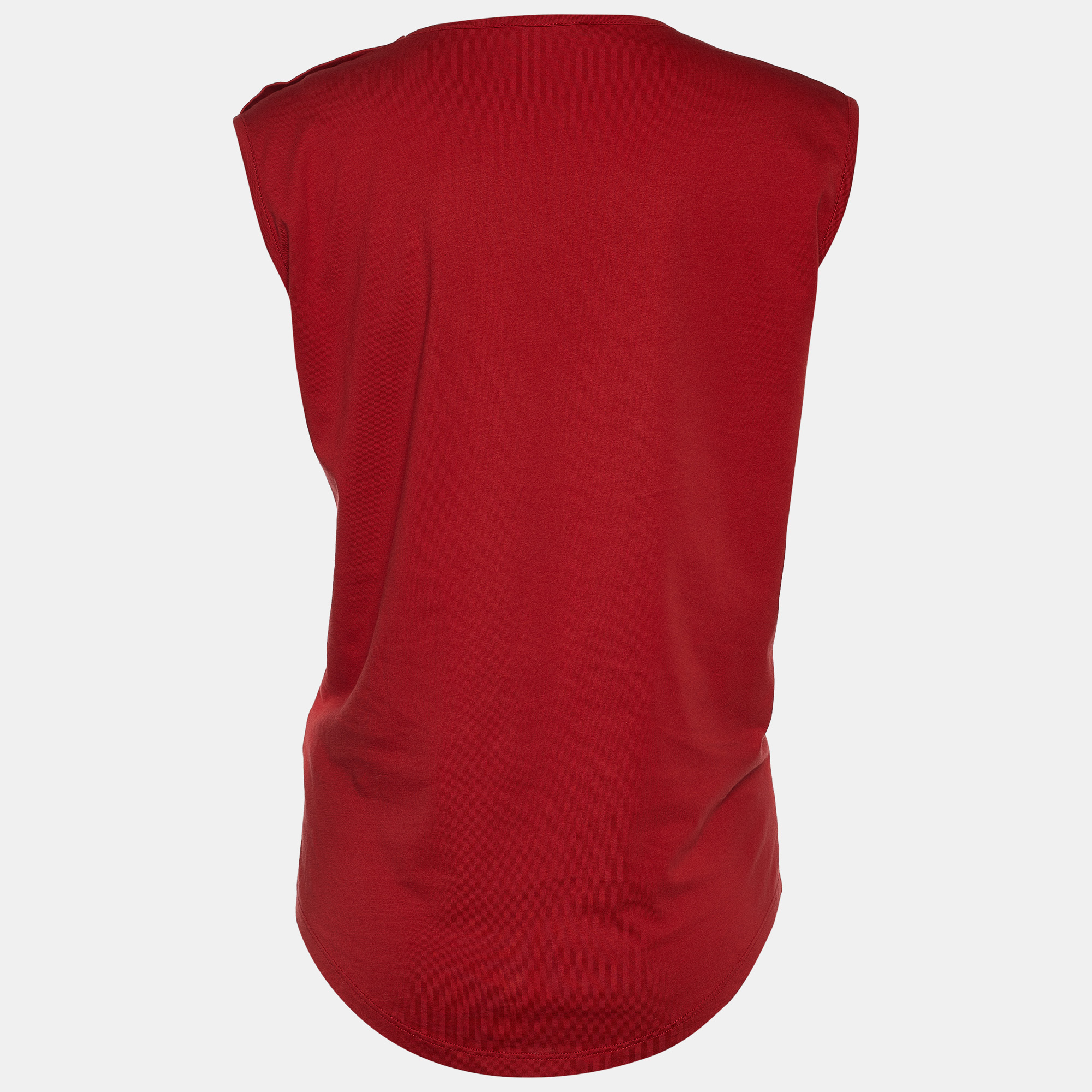 

Balmain Red Logo Print Cotton Button Detail Sleeveless T-Shirt