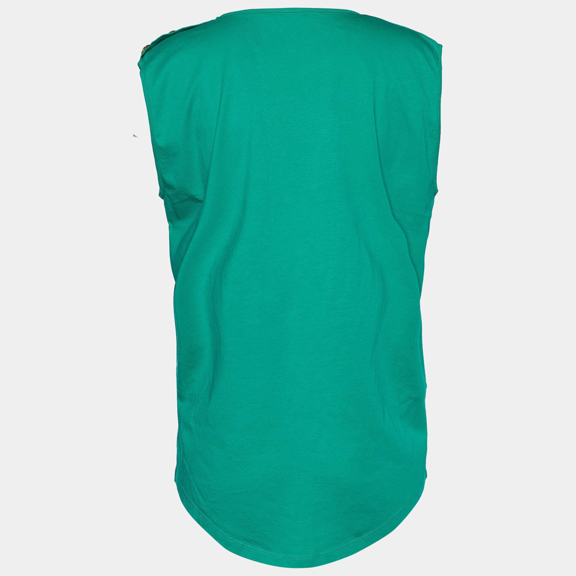 

Balmain Green Logo Print Cotton Button Detail Tank Top