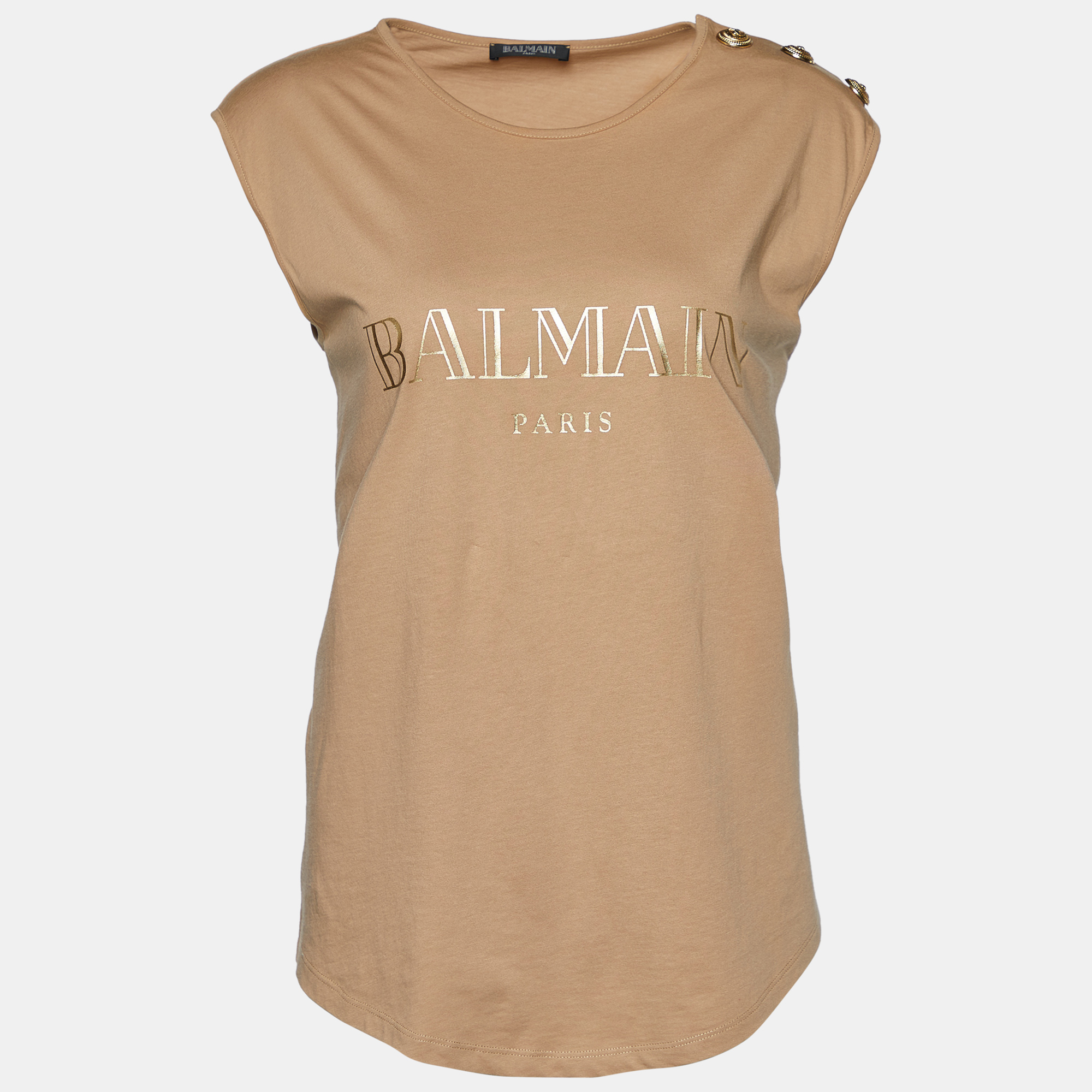 Pre Owned Balmain Dark Beige Logo Print Cotton Button Detail Tank Top M