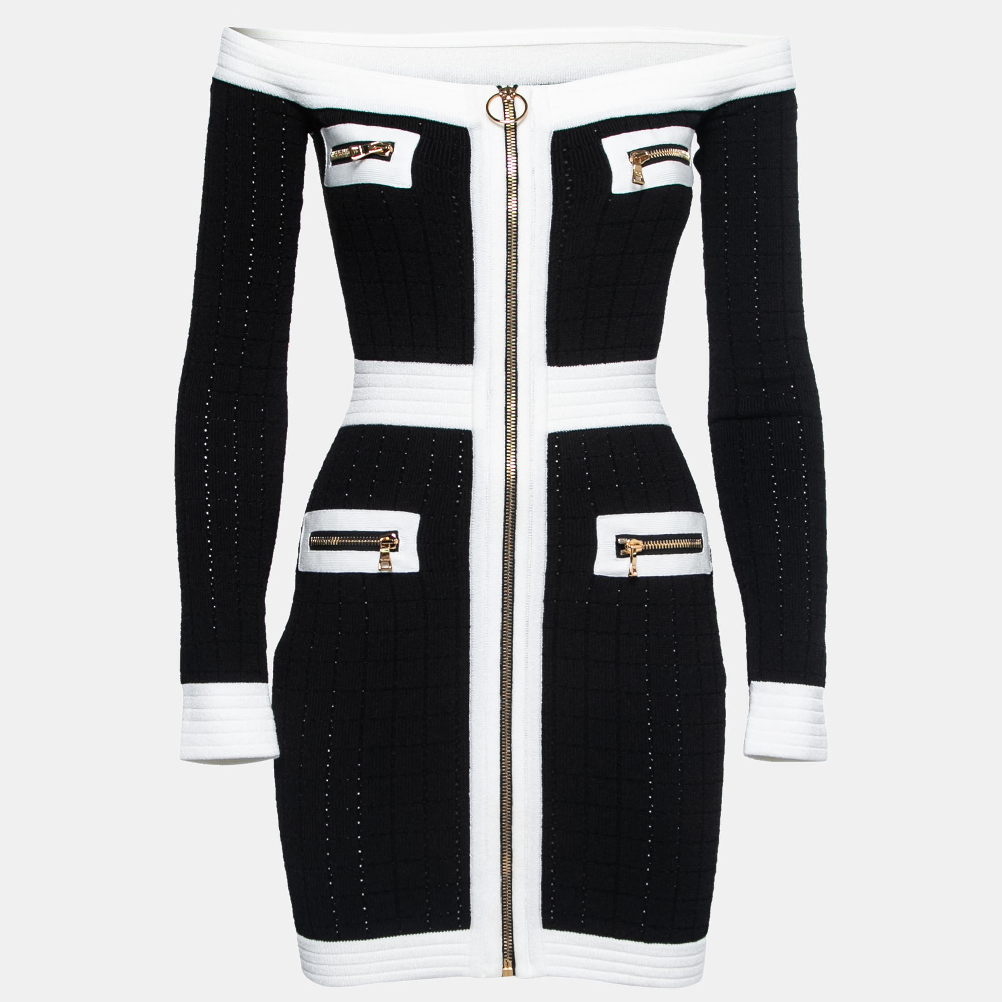 Pre Owned Balmain Black Stretch Knit Contrast Trim Off-Shoulder Mini Dress S