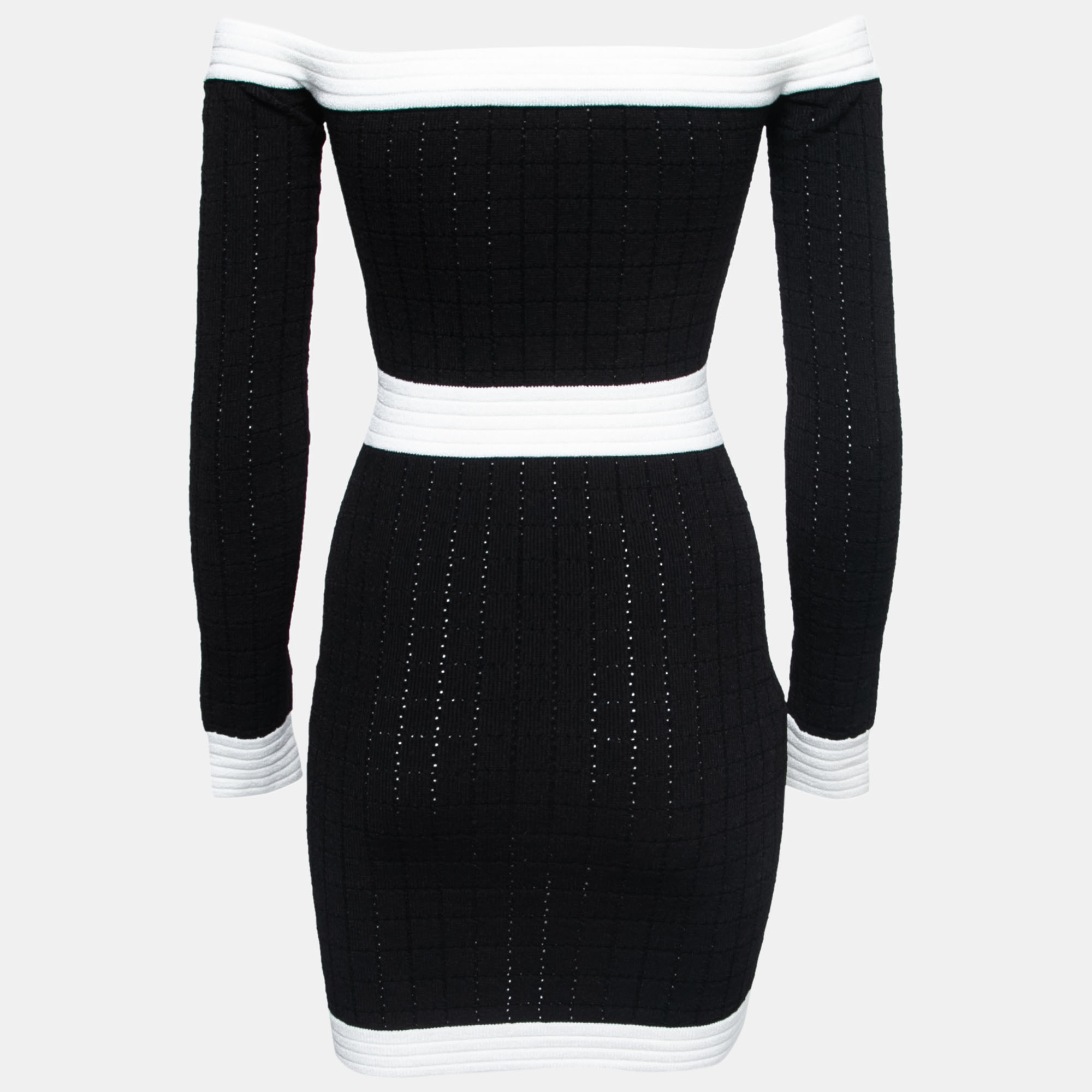 

Balmain Black Stretch Knit Contrast Trim Off-Shoulder Mini Dress