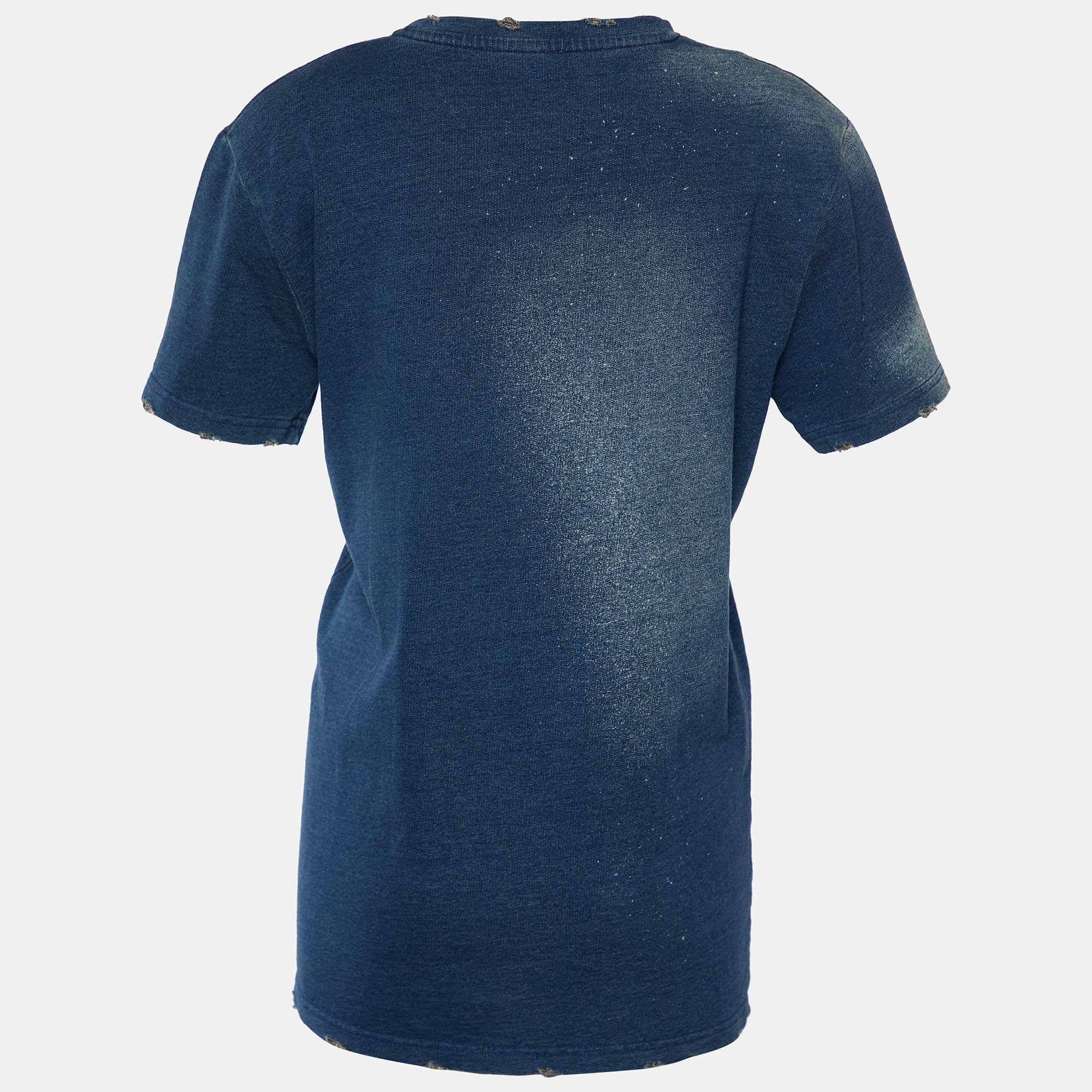 

Balmain Blue Faded Denim Cotton Knit Distressed T-Shirt