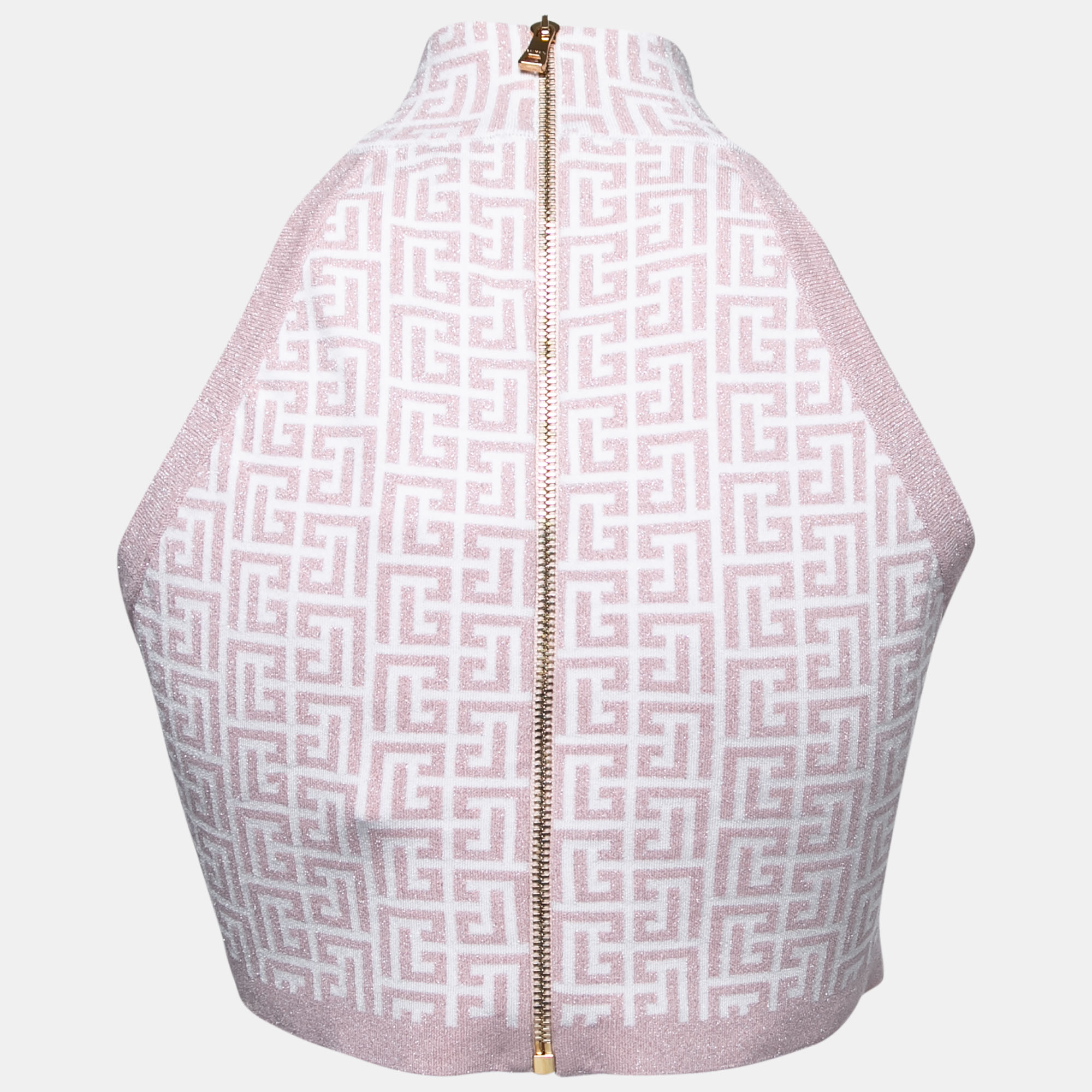 

Balmain Pink Jacquard Lurex Knit Mock Neck Crop Top