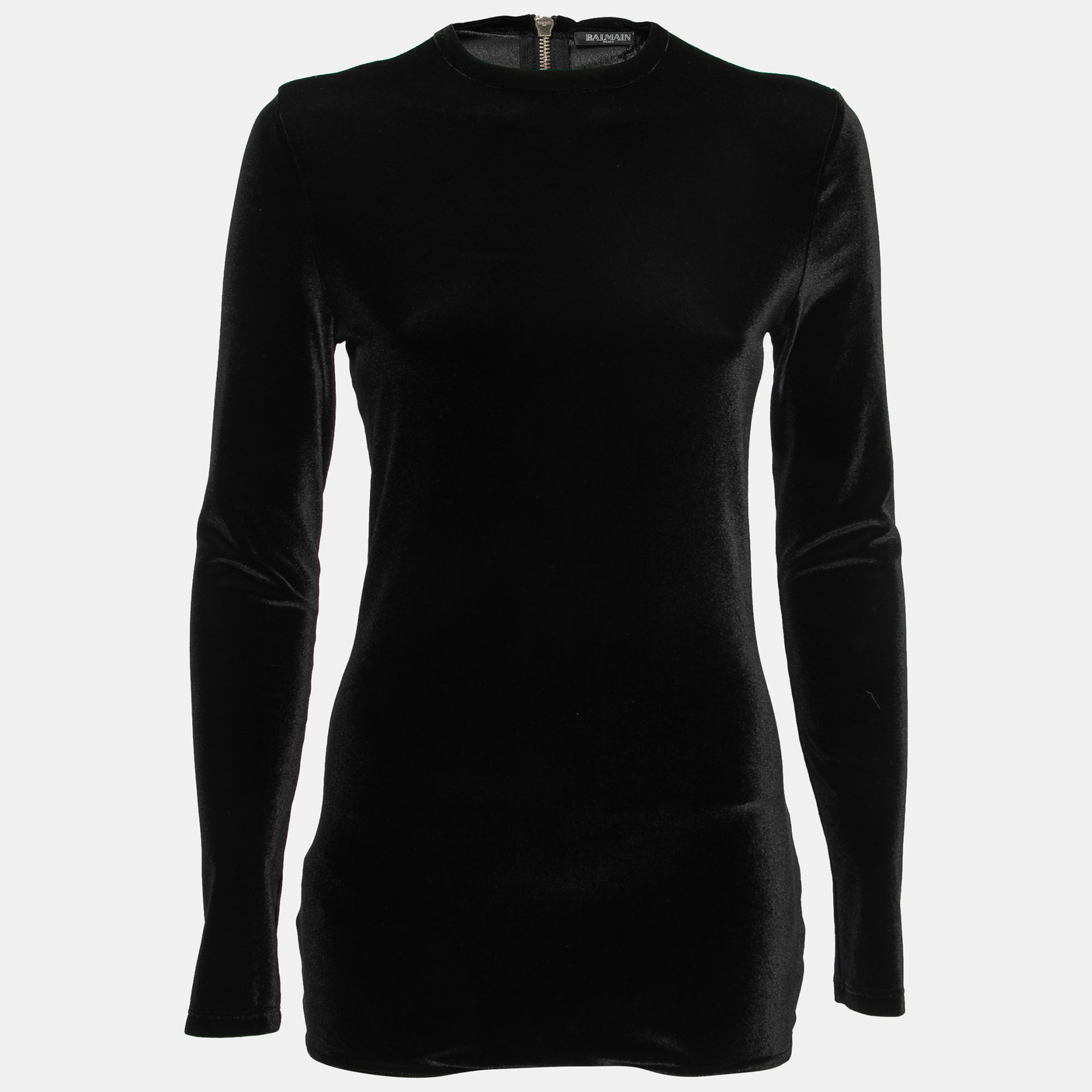 Pre-owned Balmain Black Velvet Long Sleeve Bodysuit L
