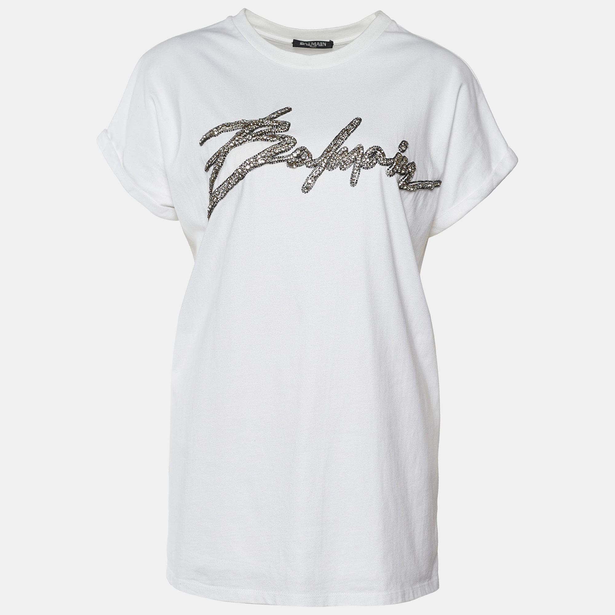 Pre Owned Balmain White Knit Crystal Logo Oversized T-Shirt S