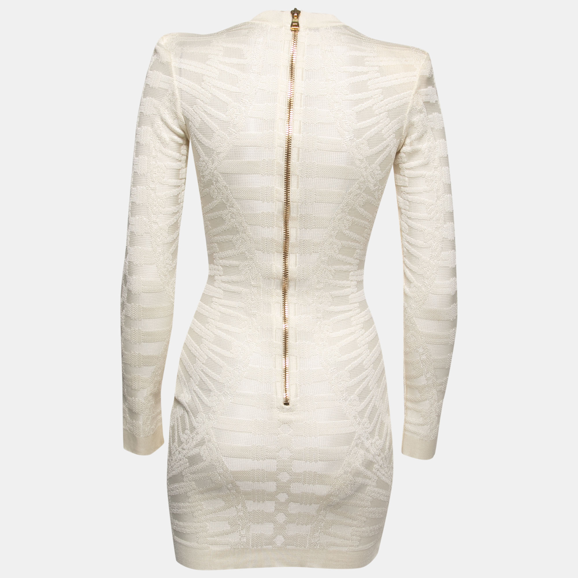 

Balmain Cream Jacquard Stretch Knit Lace-Up Detail Bodycon Dress