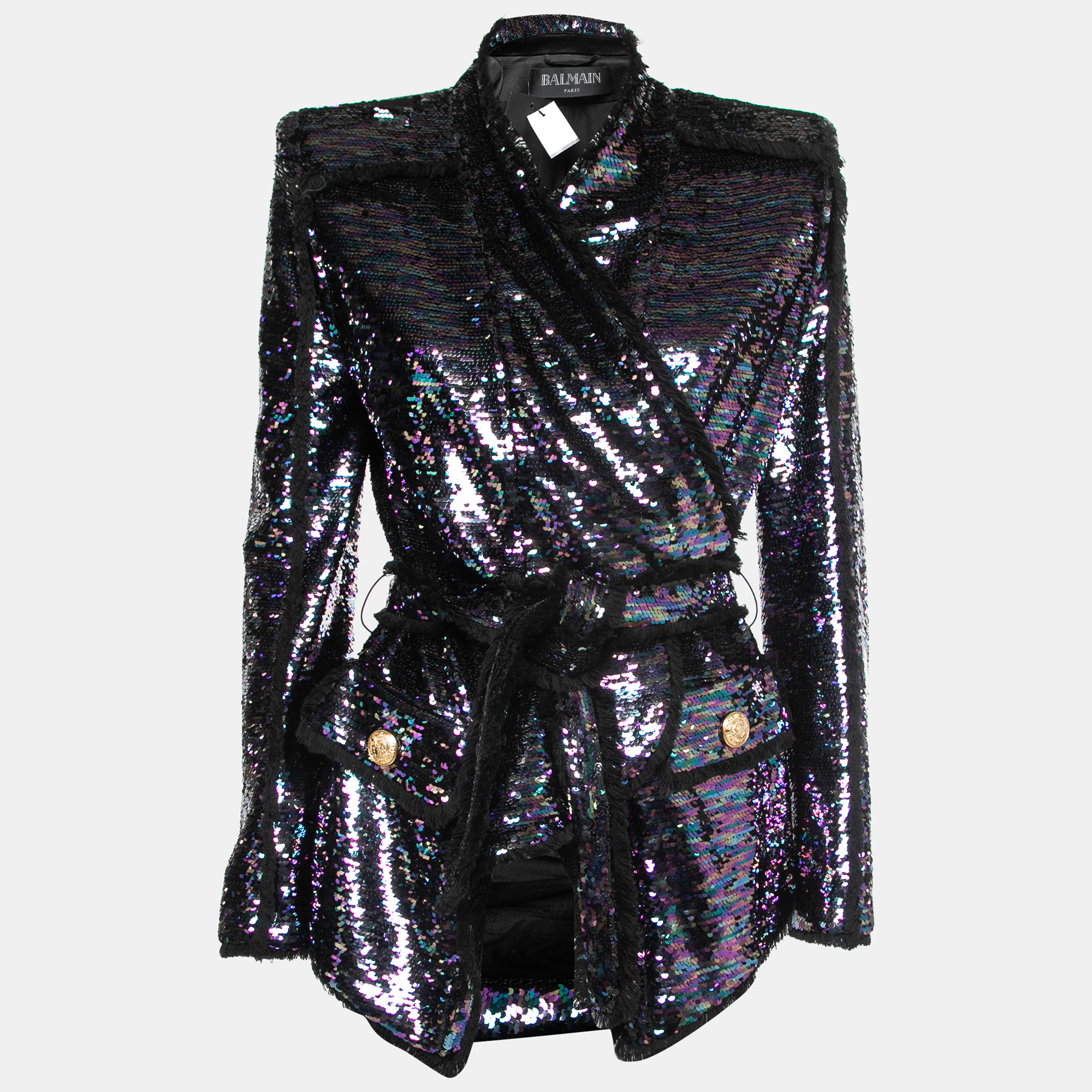 

Balmain Purple Sequined Frayed Belted Blazer M